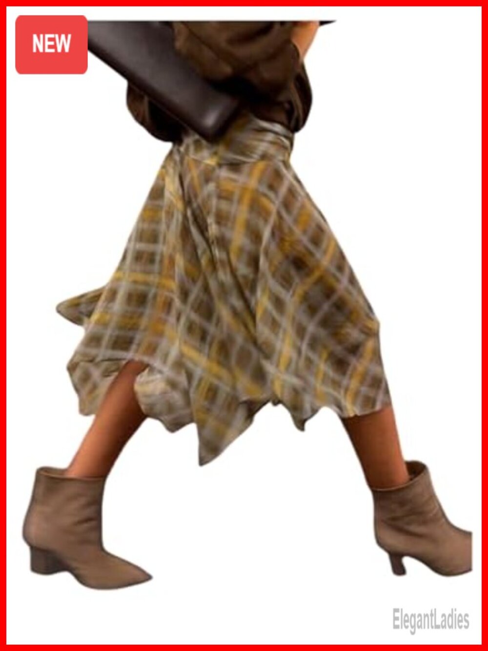 Plaid Print Midi Skirt Ruffle Asymmetrical Flowy Polyester